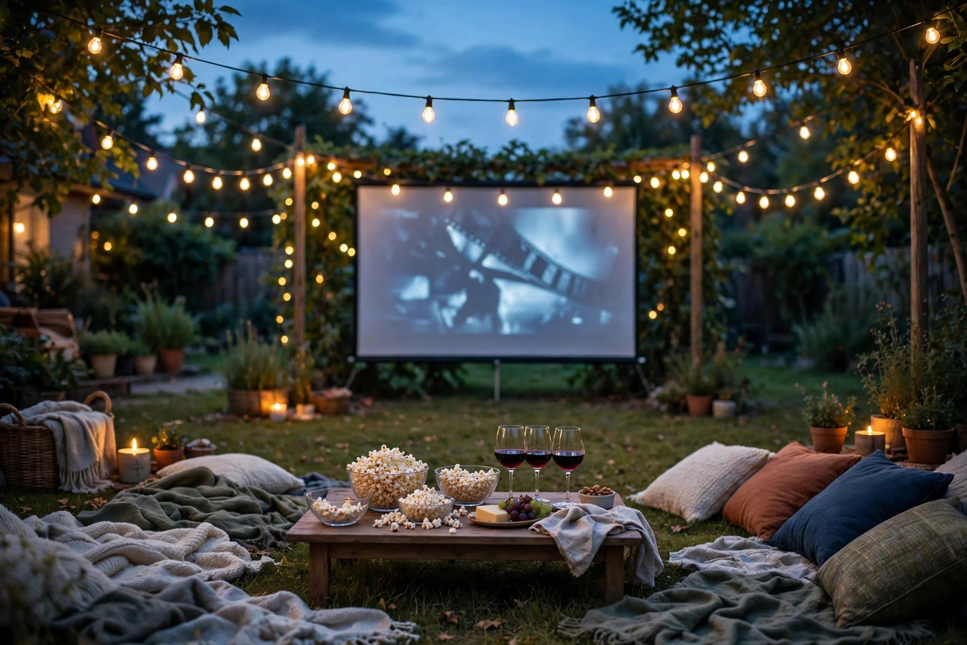 Backyard movie night for adults with a projector screen, string lights, blankets, and popcorn