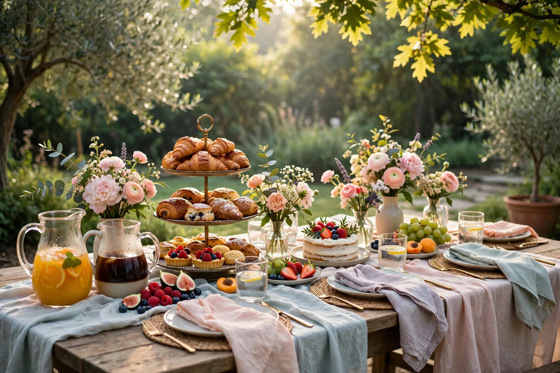 Garden brunch birthday table outdoors with fresh flowers, pastries, and fruit in soft morning light