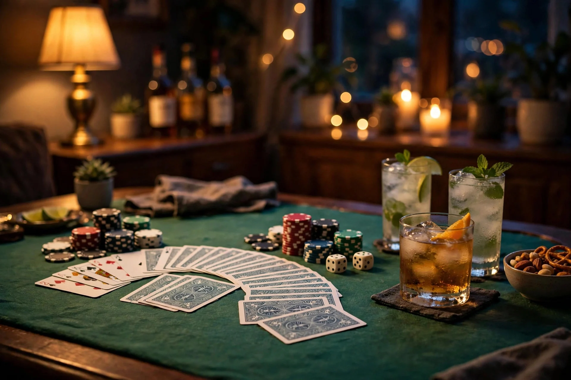 Home casino night with playing cards and poker chips spread across a green felt table