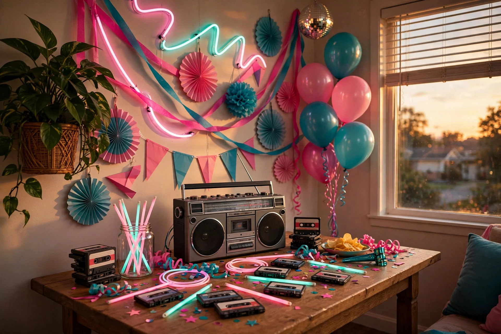 80s decades birthday party decor with neon colors, a boombox, and cassette tapes