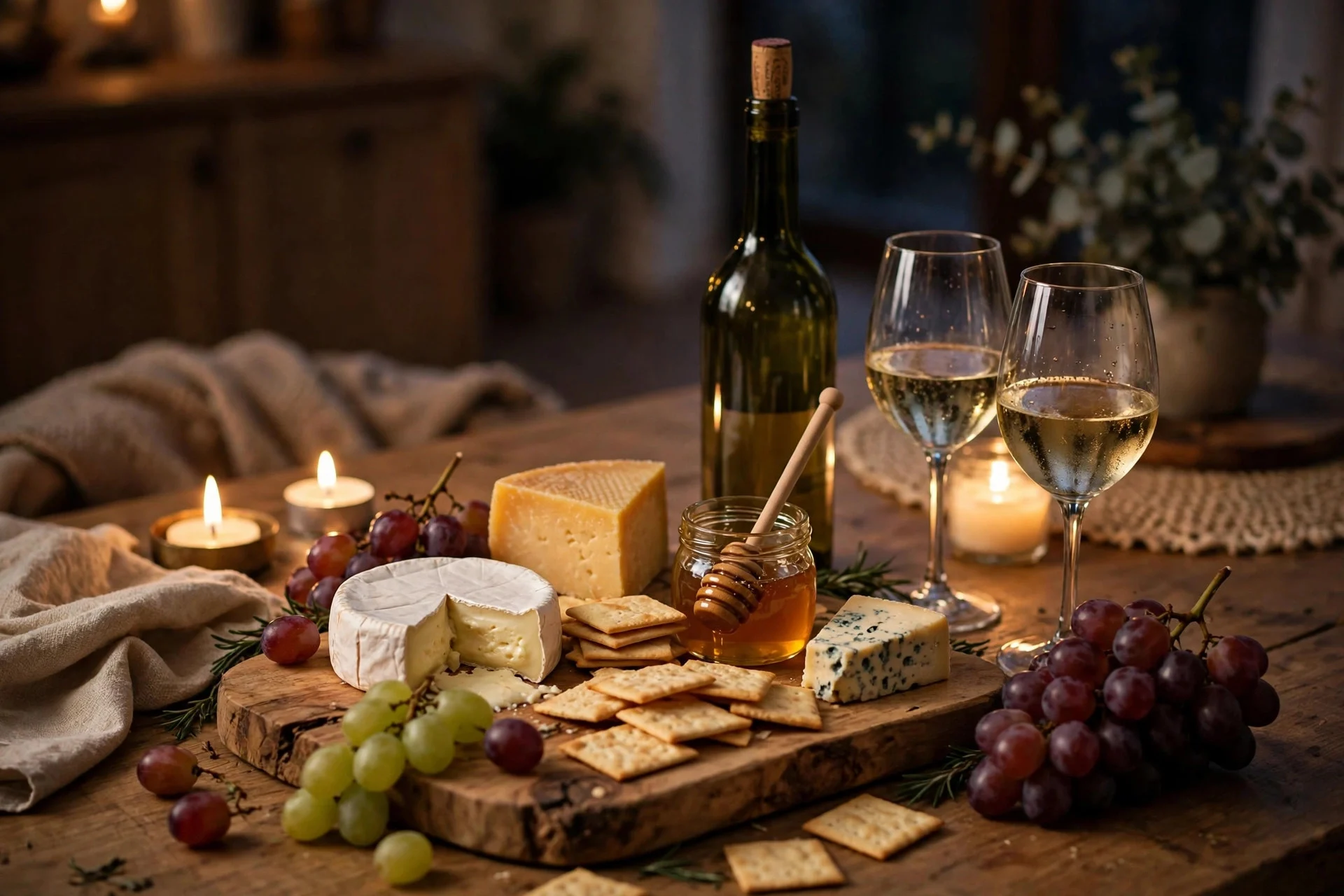Wine and cheese tasting night with a wooden board of cheeses, grapes, crackers, and candlelight