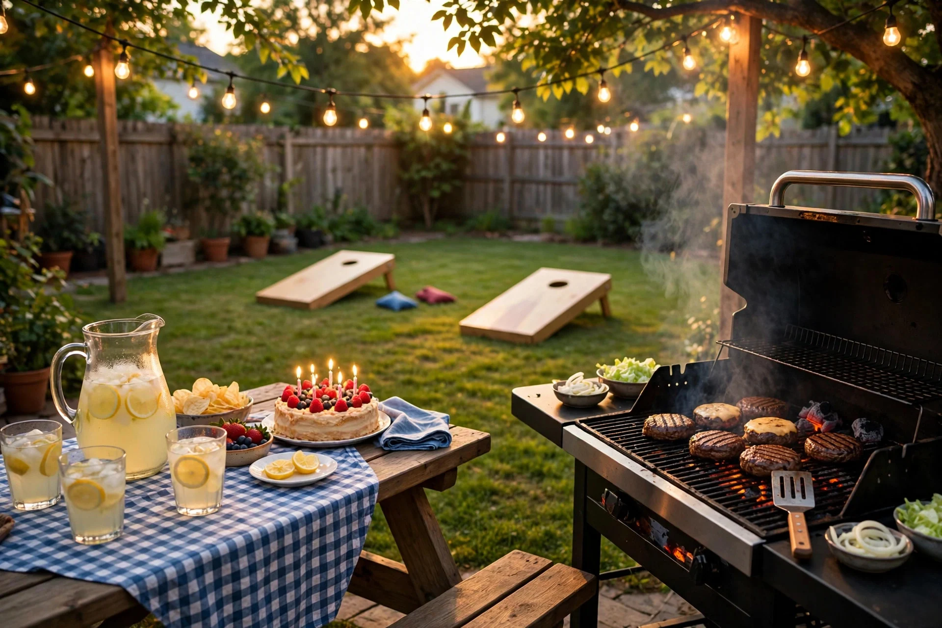 Backyard BBQ birthday party with a grill, picnic table, and cornhole set up on the lawn