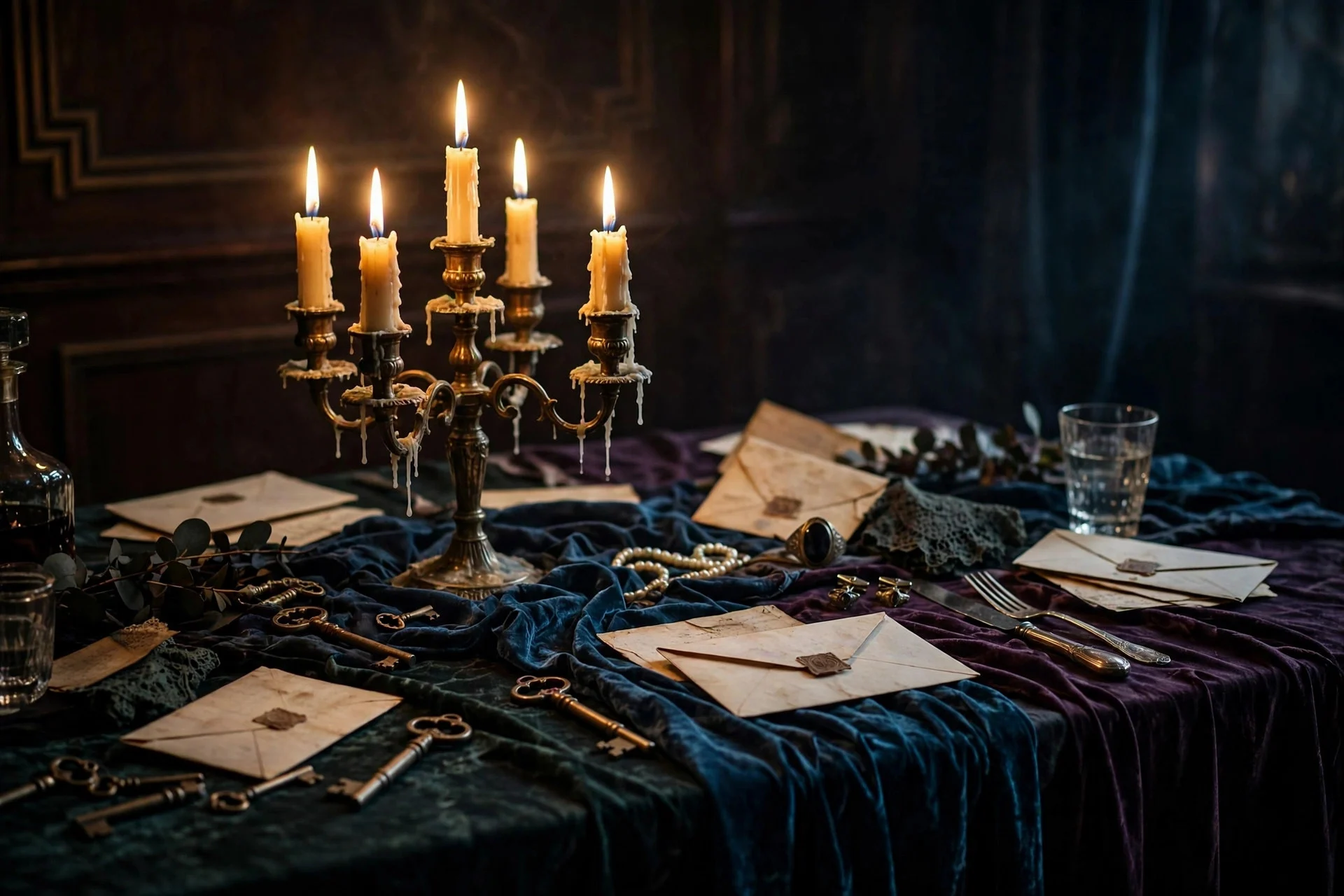 Moody murder mystery dinner table with candelabra, vintage props, and dramatic candlelight