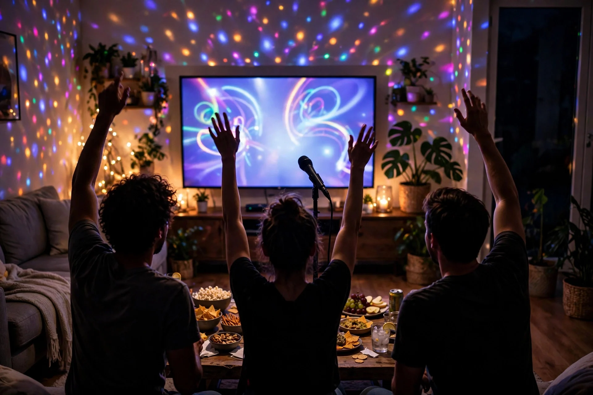 Living room karaoke night with a microphone, disco lights, and friends singing along