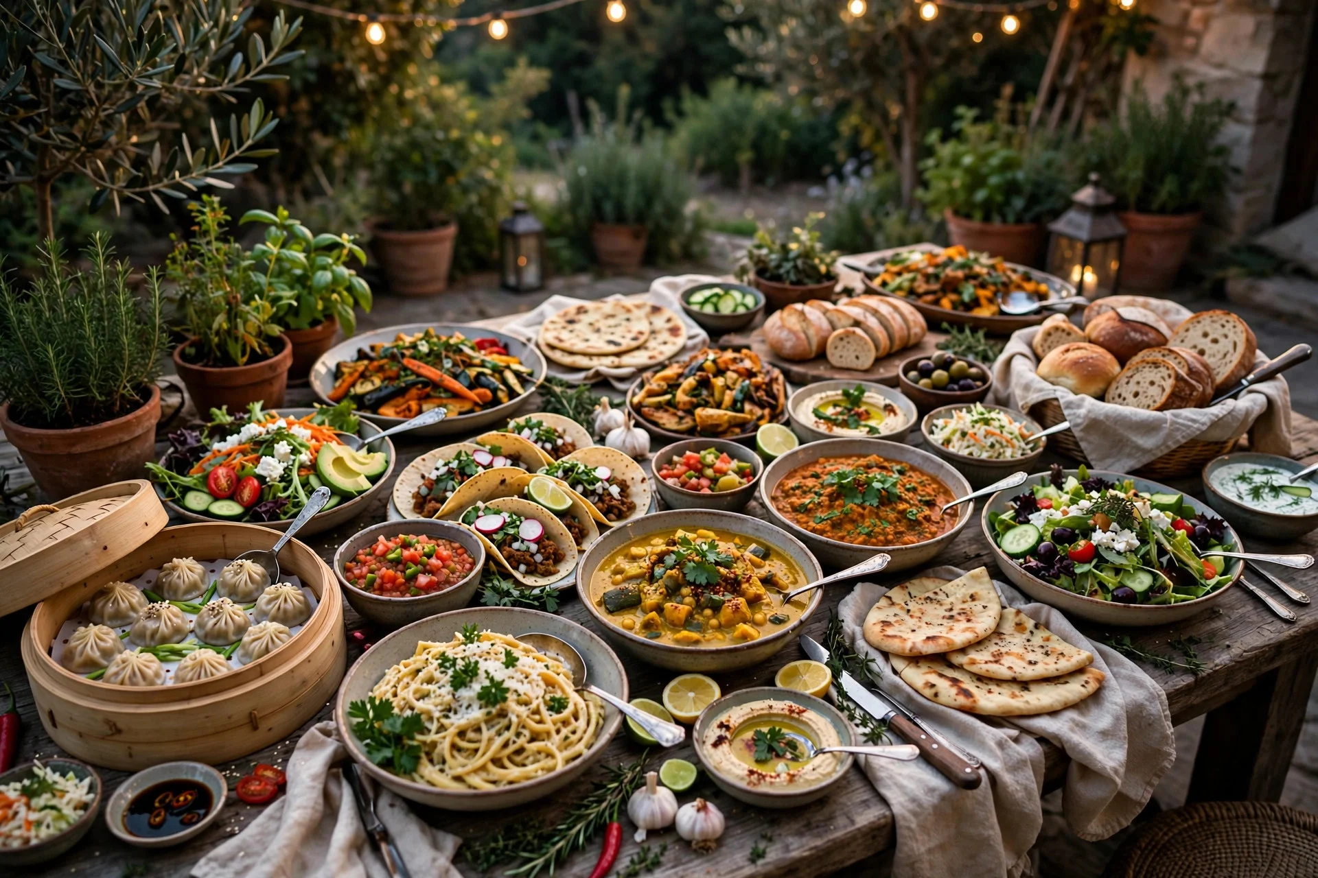 Around-the-world potluck table filled with dishes from many different cuisines
